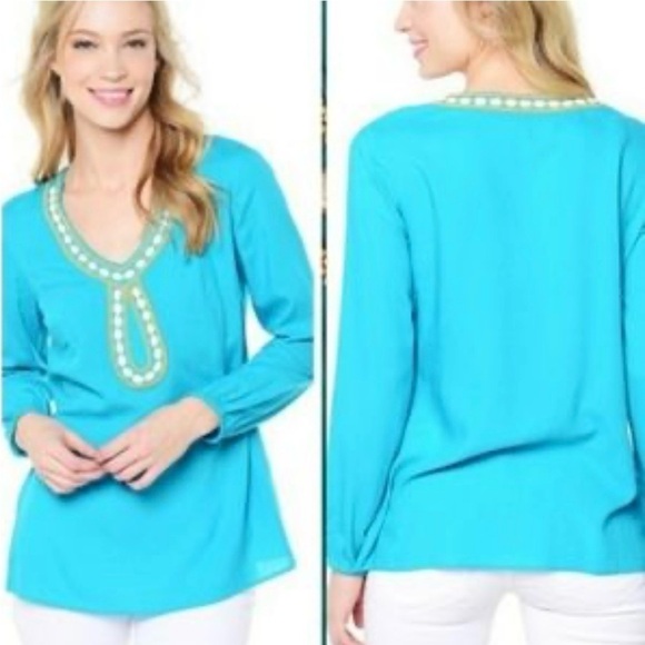 Lilly Pulitzer Tops - Lilly Pulitzer Violet Tunic Top in Deep Cyan Blue Size S Gold Beaded Embellished